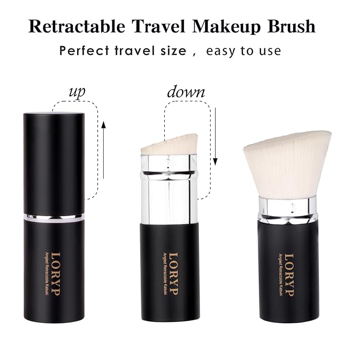 LORYP Retractable Makeup Brush Matte Black Kabuki Foundation Brush for liquid Cream and Powder Makeup 2 Pack Travel Makeup Brush Set-VivaGrace Women