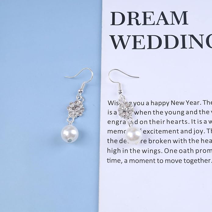 Vintage Rhinestone Pearl Drop Earrings Crystal Flower Dangle Earrings Silver Pearl Earring Cz Flower Hook Earrings Jewelry for Women-VivaGrace Women