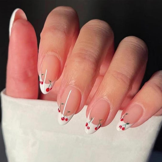 French Tip Almond White Fake Nails with Cherry Design - Nude Full Cover Cute False Reusable Artificial Acrylic Nails for Women & Girls - 24pcs