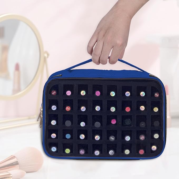 Nail Polish Bag organizer-Holds 40 bottles(15ml-0.5fl.oz)，Nail Polish Carrying Case Clear Multifunctional Cosmetic Travel Cases Makeup Bags DarkBlue