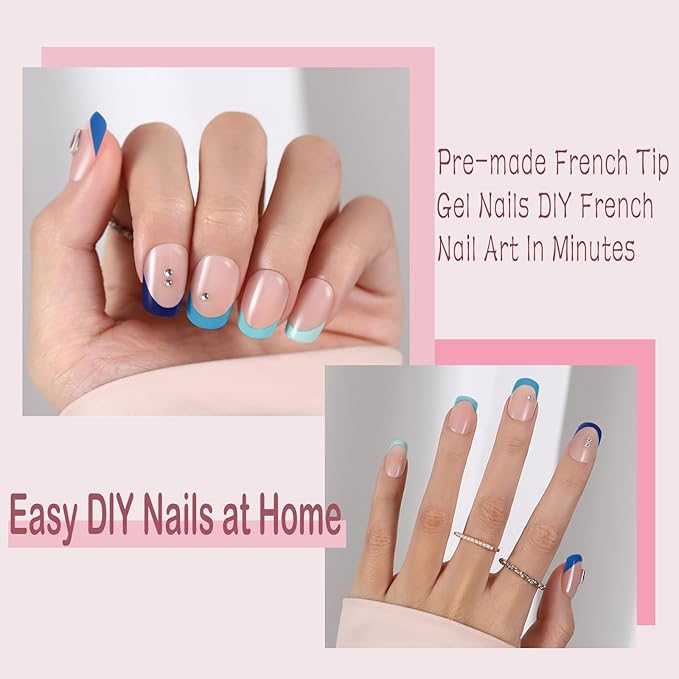 Blue Short French Tip Press on Nails, 150pcs Square French Gel Nail Tips 15Sizes, 3 in 1 Pre-lasting Soak Off Acrylic Fake Nails, No Need to File False Nail Tips Extension for Women Nails