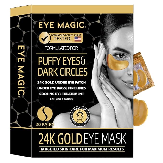 Eye Magic Gold Under Eye Gel Patch (20 Pairs) Herbal Cooling Eye Skincare Treatment for Puffy Eyes, Dark Circles, Fine Lines, Wrinkles USA Tested-VivaGrace Women