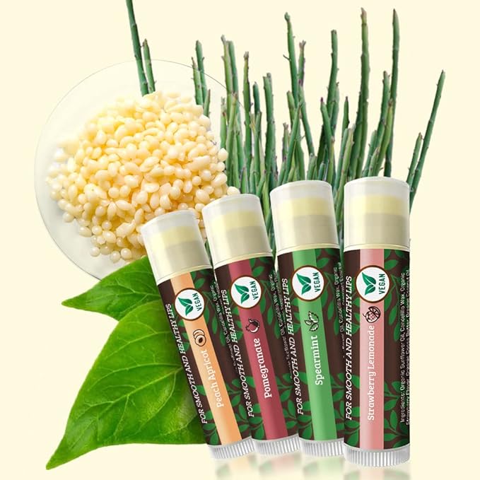 Vegan Lip Balm by Earth’s Daughter, Beeswax Free Lip Balm, Natural, Organic Flavors - 4 Pack of Assorted Flavors, Plant Based Vegan Chapstick, Lip Moisturizer-VivaGrace Women