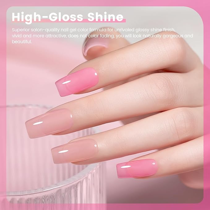 RARJSM Nude Pink Jelly Gel Nail Polish Set 6pcs Clear Crytal Stained Glass Purple Pink Series Transparent Sheer Amber Milky Gel Varnish LED UV Curing Requires Soak off French Manicure Home Salon-VivaGrace Women