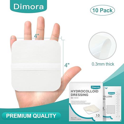 Dimora Hydrocolloid Wound Dressing, 10 Pack Ultra Thin 4" x 4" Large Patch Bandages with Self-Adhesive, Fast Healing for Bedsore, Burn, Blister, Acne Care, Sterile and Waterproof-VivaGrace Women