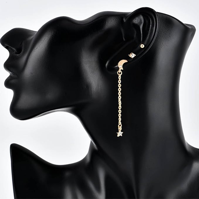 Bohemia Moon Star Dangle Earrings Gold Cz Moon Drop Chain Earrings Crystal Star Earrings Star Chain Earrings for Women and Girls-VivaGrace Women