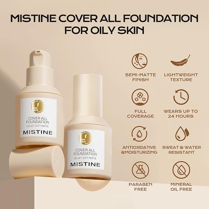 MISTINE Liquid Foundation Makeup Full Coverage Foundation for Oily Skin,24 Hour Oil Control Makeup Foundation,Skin-Caring,Moisturizing Formula,Waterproof Foundation,Matte Finish,Satin,1 Fl Oz-VivaGrace Women