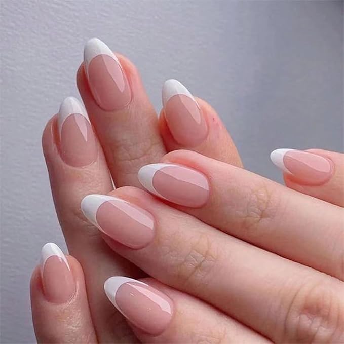 Short Nude Press on Nails Almond Fake Nails French Tip Glue on Nails Glossy Full Cover Stick on Nails White Glue on Acylic Nails for Women and Girls