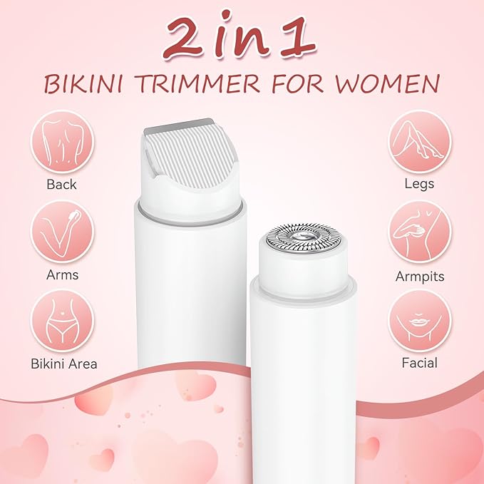 Bikini Trimmer for Women - 2 in 1 Electric Body Hair Trimmer for Silky Skin, Cordless Body Shaver for Travel, IPX7 Waterproof & Easy to Clean, Replaceable Ceramic Blade Heads (White)-VivaGrace Women