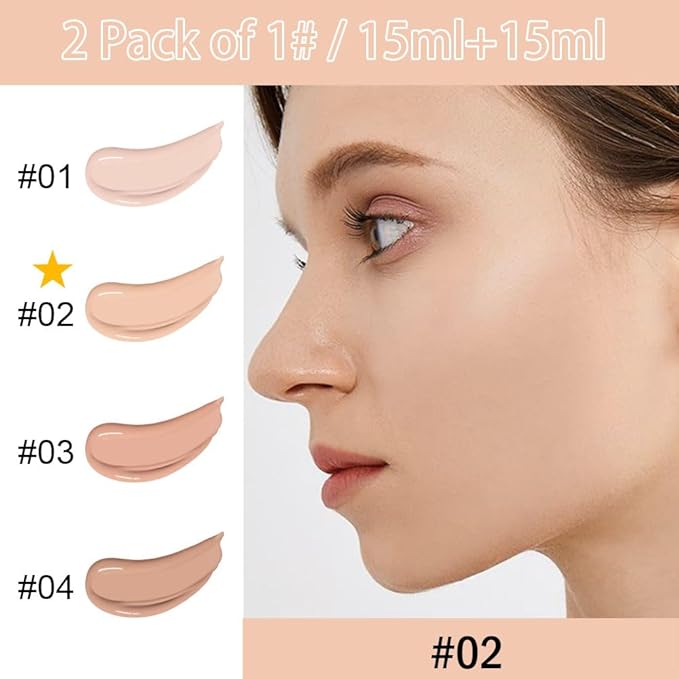 2 Pack Liquid Foundation Cream with Foundation Brush for Face Makeup,Durable Full Coverage Matte Concealer Make Up,Oil Control & Waterproof Base Primer -1 Fl.Oz (#02)-VivaGrace Women