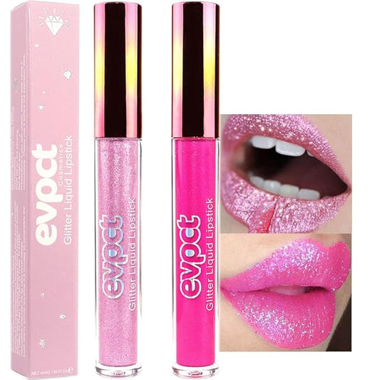 evpct 2Pcs Rose & Hot Pink Glitter Metallic Shimmer Diamond Lipstick Lip Gloss Set for Women Long Lasting Waterproof, Light Bright Rose Pink Sparkle Glitter Matte Liquid Lipstick Lip Makeup Kit-VivaGrace Women