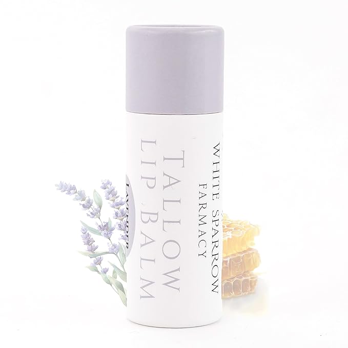Organic Tallow Lip Balm (Lavender & Honey) from Grass Fed Cows. Super hydrating with Tallow, Olive Oil, Honey, and Beeswax. Sustainable Cardboard Tubes & Hand Filled. Jumbo Size 0.5 oz.-VivaGrace Women