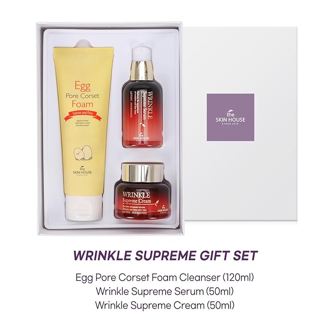 THE SKIN HOUSE Wrinkle Supreme Gift Set l Birthday present , Korean Facial Skin Care Essential for Wrinkles, Fine Lines, Nourishing l Red Ginseng, Adenosine, Ceramide l Facial Cleanser, Serum, Cream-VivaGrace Women