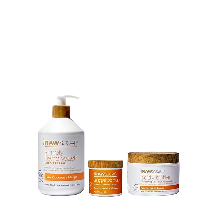 RAW SUGAR Raw Coconut + Mango Hand Soap, Body Scrub & Body Butter Bundle, Body Care for Dry Skin, Exfoliate and Moisturize, Hand Wash + Body Care - Mango, Formulated without Sulates and Parabens-VivaGrace Women