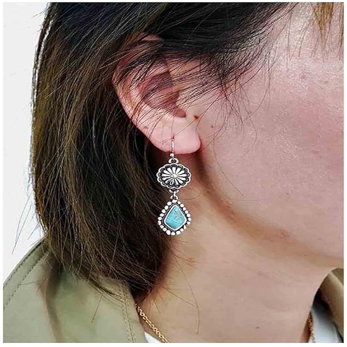 Boho Oval Turquoise Earrings Silver Circle Dangle Drop Earrings Vintage Flower Earrings Tribal Earrings Jewelry for Women and Girls-VivaGrace Women