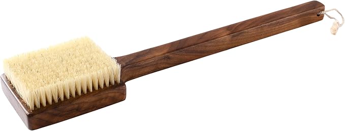 Luxury Natural Walnut Wood Boar Bristle Body Brush | Exfoliating & Detoxifying for All Skin Type | Sweeps Away Dead Skin Cells for Luminous, Smooth Skin | for Wet and Dry Use (Long Handle)-VivaGrace Women