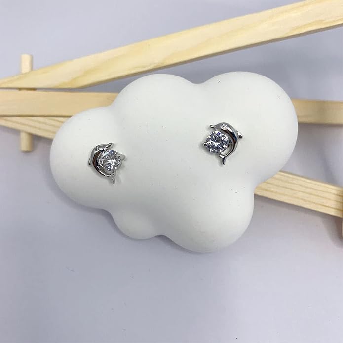 Silver Dolphin CZ Earrings Cute Animal Stud Earrings Tiny Earring Jackets Gifts for Women and Girls-VivaGrace Women