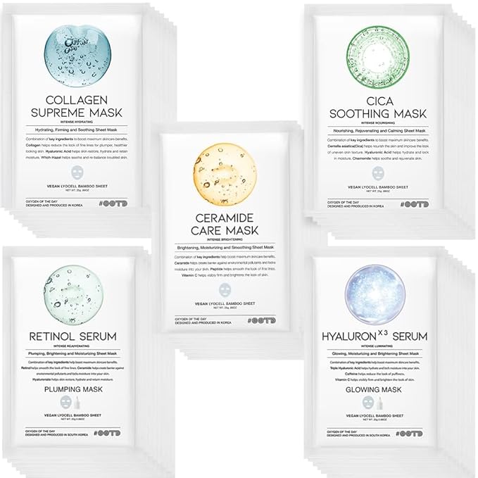 50Combo Korean Face Sheet Mask Gift Pack, Hydrating, Calming, Brightening, Smooting, Rejuvenating, EVE Vegan, Cica, Hyaluron, Retinol, Ceramide, Collagen-VivaGrace Women