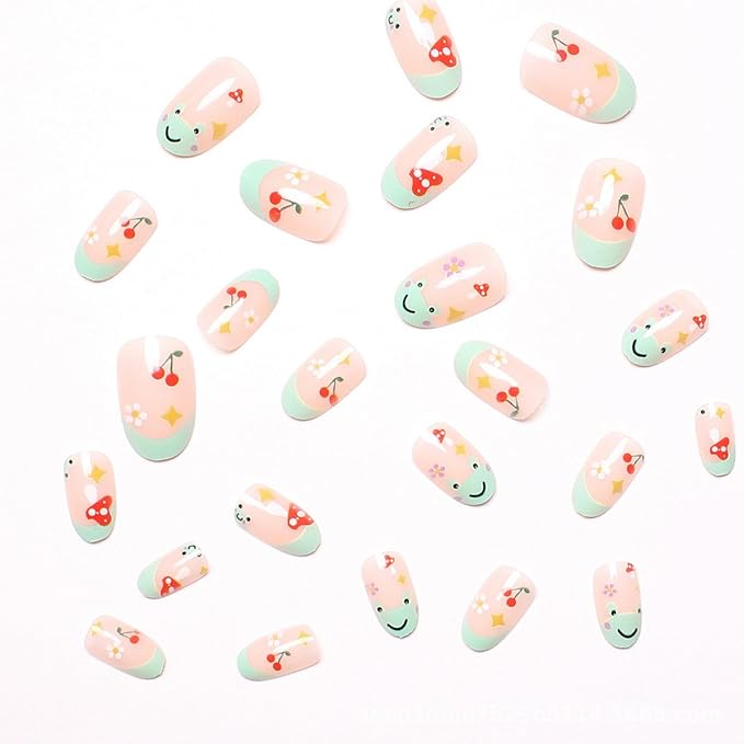 Cute Almond Press on Nails Short Green French Tip Fake Nails Summer False Nails with Frog Designs Flowers Cherry Acrylic Nails Glossy Glue on Nails Mushroom Reusable Stick on Nails 24 Pcs
