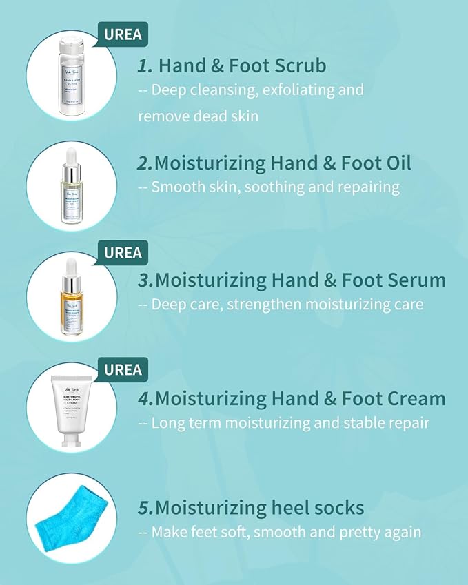 VTS Self Care Kit - Includes Moisturizing Heel Socks, Hand & Foot Oil, Salt Scrubs, Serum, Urea Cream 40 Percent - Hand Care Set, Foot Pedicure Kit for Dry Cracked Heels Feet Knees Elbows Hands-VivaGrace Women