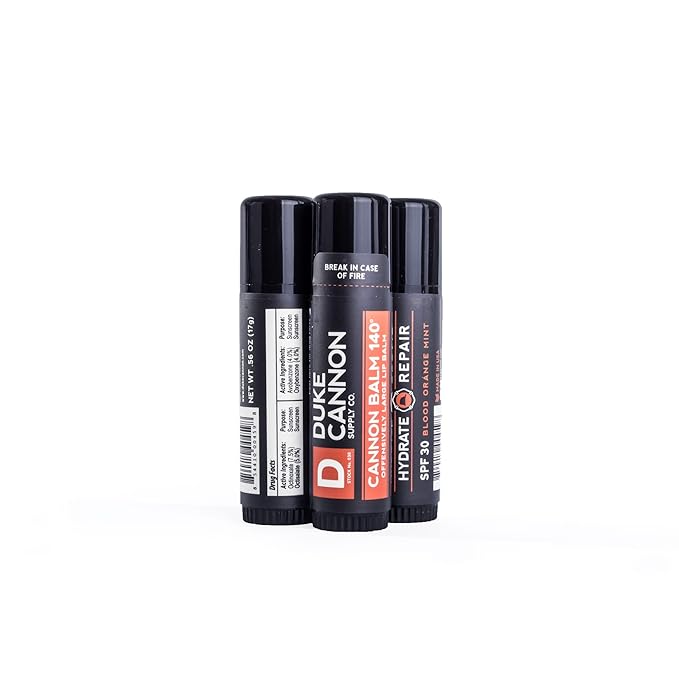 Duke Cannon Supply Co. Tactical Lip Protectant Cannon Balm 140 for Men (Blood Orange Mint) Multi-Pack - Superior Performance, Heavy-Duty, SPF 30, Large Balm for Hard Working Men, 0.56 oz (3 Pack)-VivaGrace Women