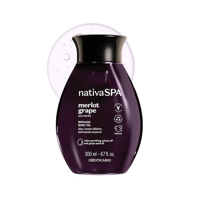 Nativa SPA by O Boticário Merlot Grape Biphase Body Oil, with Quinoa & Grapeseed Oils, Silky Glow with Hydration, 6.7 Ounce (200ml)-VivaGrace Women