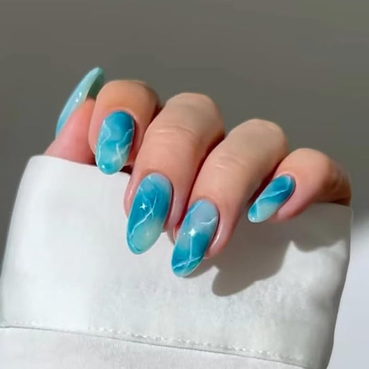 Blue Press on Nails Medium Length Almond Fake Nails Blue Gradient Marble Glue on Nails Summer Acrylic Nails Glossy False Nails Reusable Artificial Stick on Nails for Women Girls Manicure 24Pcs