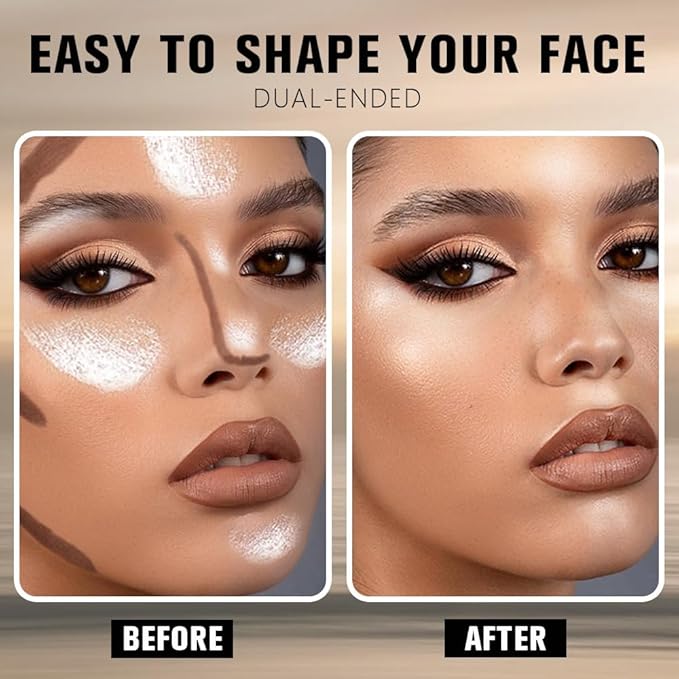 Dual-Ended 2-in-1 Cream Contour & Highlighter Stick – Waterproof, Long-Lasting for Face & Body Makeup, Suitable for All Skin Tones, 05#Nuetral Nude + Silver Shimmer
