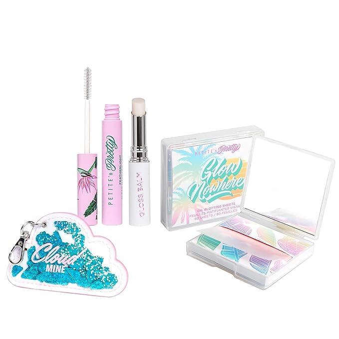 Petite 'n Pretty New Makeup Set - Featherlight Clear Mascara & Brow Gel, Glo$$ Balm, Cloud Mine Backpack, Biodegradable Blotting Sheets + Makeup Bag for Kids, Tweens and Teens-VivaGrace Women