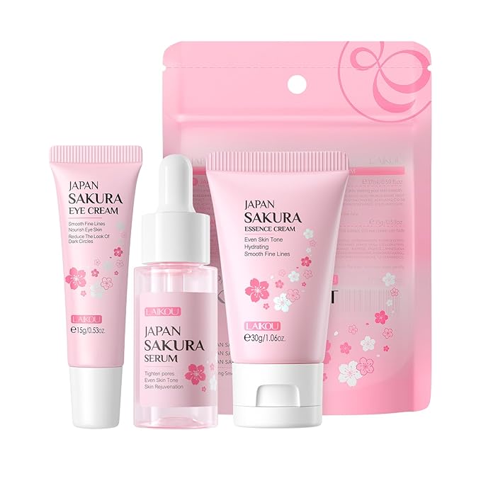 Skin Care Set JAPAN SAKURA Women Beauty Gift Sets Skin Care Kit with Serum, Eye Cream, Face Cream Travel Kit for Women Wife Mom Teen Girls TSA-friendly Sizes Birthday Gift 3pcs-VivaGrace Women