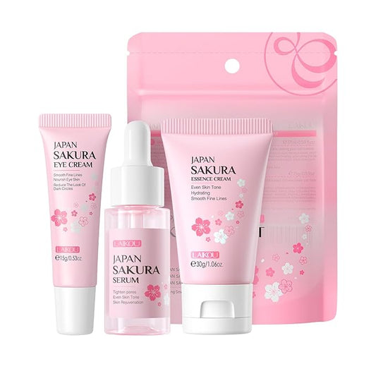 Skin Care Set JAPAN SAKURA Women Beauty Gift Sets Skin Care Kit with Serum, Eye Cream, Face Cream Travel Kit for Women Wife Mom Teen Girls TSA-friendly Sizes Birthday Gift 3pcs-VivaGrace Women