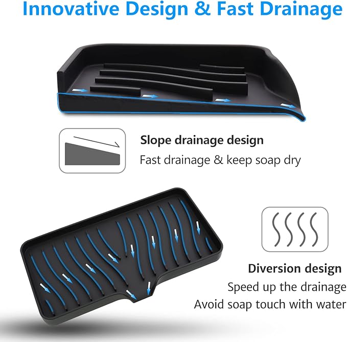 3-Pack Silicone Soap Dish, Sponge Holder for Sink, Kitchen Soap Tray, Bathroom Soap Holder, Sponge Tray with Drain (Black)-VivaGrace Women