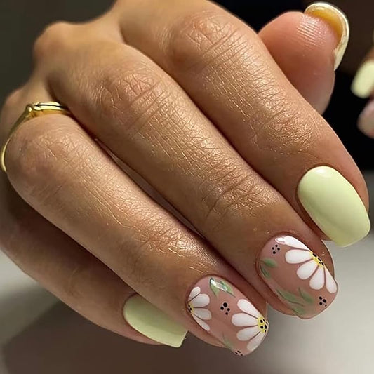 Press on Nails Short Square False Nails with Flower Designs Green Fake Nails with Nail Glue Spring Glue on Nails Summer Acrylic Nails Glossy Artificial Nails for Women and Girls