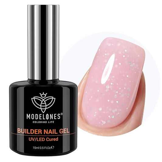 modelones Builder Nail Gel, 8-in-One Nude Pink Glitter Builder, Rainbow Iridescent Shimmer Nail Gel Polish, Jelly Pink Sparkle LED Lamp Cured Hard Rubber Color Base for Home DIY Salon Girls-VivaGrace Women