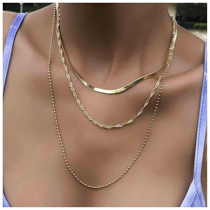 Punk Layered Chain Necklace Gold Flat Snake Chain Necklace Choker Vintage Herringbone Necklace Stacking Chunky Necklace Chain Jewelry for Women and Girls Gift-VivaGrace Women