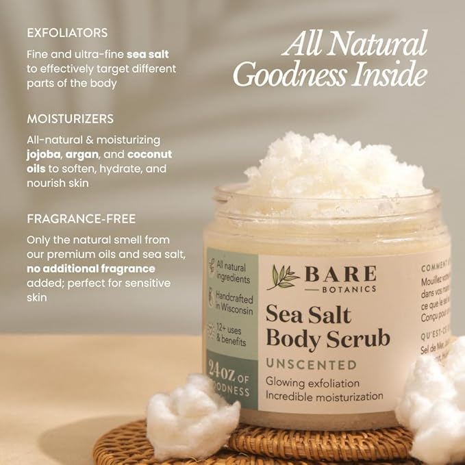 Bare Botanics Unscented Body Scrub 24 oz - Naturally Scented Sea Salt Scrub Made in Madison, WI - Formulated w/Skin Loving Moisturizers - Vegan, Cruelty Free Exfoliator w/a Cute Wooden Spoon-VivaGrace Women