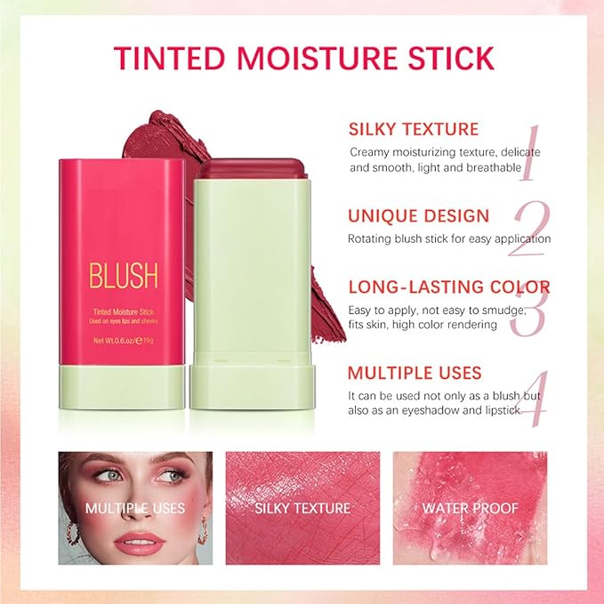 Multi-Purpose Makeup Blush Stick, 3-in-1 Beauty Tinted Solid Blush Stick For Cheeks, Lips And Eyes Waterproof Natural Cream Blush Stick With Long-Lasting Moisturizing Formula (#2Hot Red)-VivaGrace Women