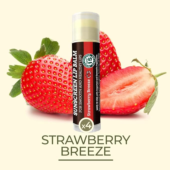 SPF Lip Balm 4-Pack by Earth's Daughter - Lip Sunscreen, SPF 15, Organic Ingredients, Strawberry Flavor, Beeswax, Coconut Oil, Vitamin E - Hypoallergenic, Paraben Free, Gluten Free-VivaGrace Women