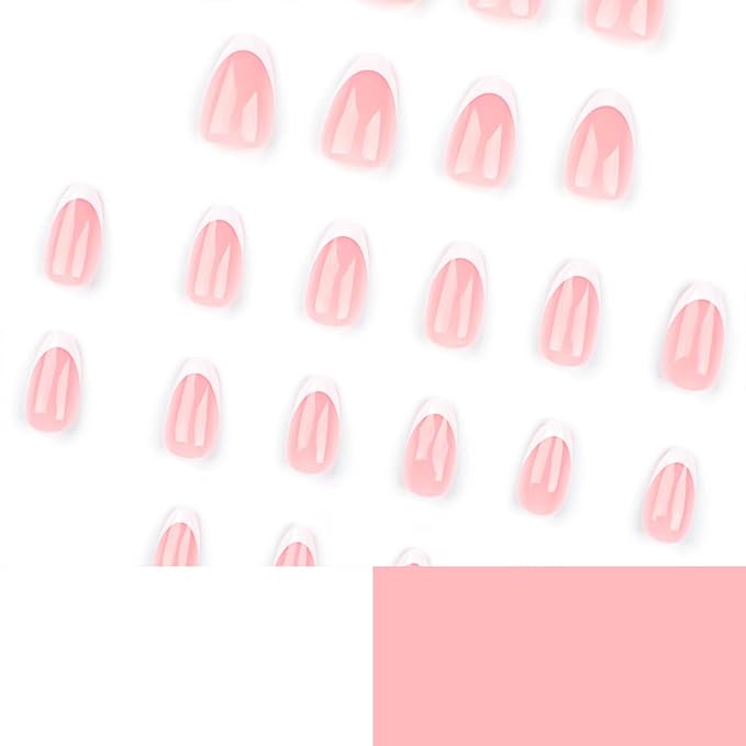 White French Tip Press on Nails Medium Almond Fake Nails Nude False Nails with Design Reusable Acrylic Glue on Nails Glossy Full Cover Stick on Nails for Women Girls Manicure 24pcs