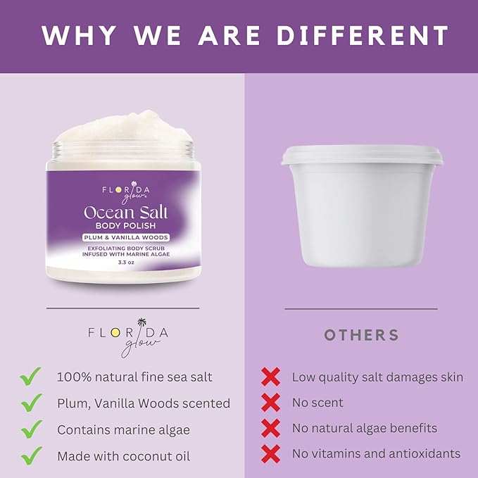 Sea Salt Body Scrub by Florida Suncare - Ocean Salt Body Polish Infused with Marine Algae - Exfoliating Face and Body Scrub, Facial Scrub Exfoliator to Tackle Acne, Scars (Plum & Vanilla Woods 12.1oz)-VivaGrace Women