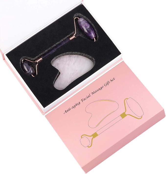 mookaitedecor Amethyst Roller & Rose Quartz Gua Sha Scraping Massage Tool Set, Face Massager for Wrinkles, Anti Aging-VivaGrace Women