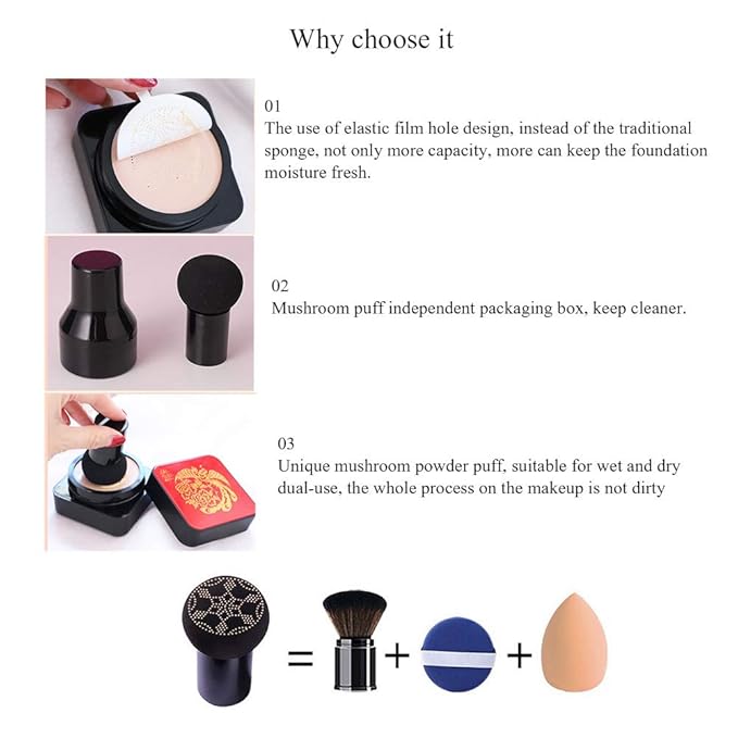 Mushroomhead Air Cushion CC Cream Flawless Foundation Natural BB Full Coverage Blemishes Long Lasting Waterproof,Multi-Function Beauty With Brush (-VivaGrace Women