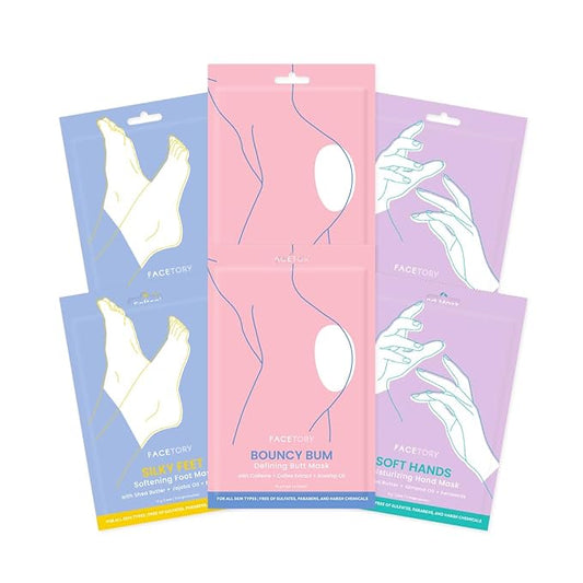 FACETORY Body Spa Sheet Mask Bundle Variety Pack of 6 with Korean Sheet Masks for Feet, Hands, and Butt - Softening, Hydrating, Nourishing, Moisturizing, for Dry, Cracked Skin-VivaGrace Women