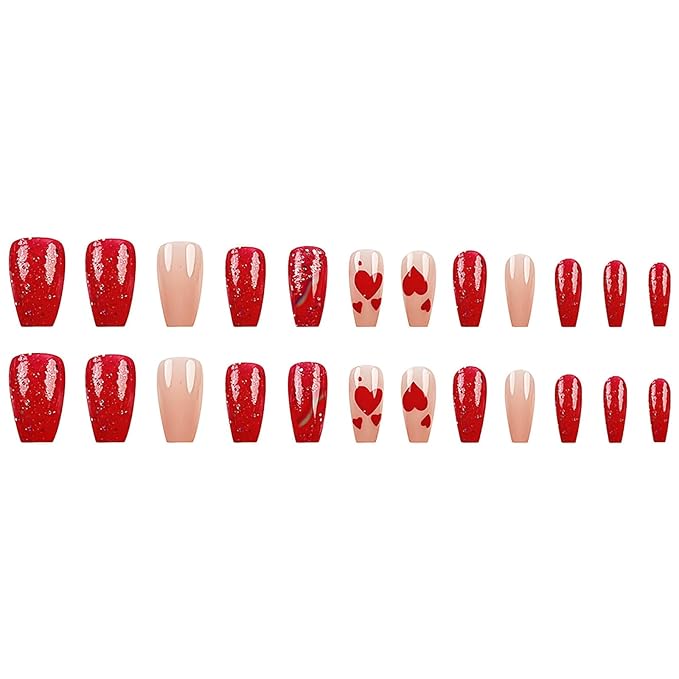 Medium Press on Nails Coffin Fake Nails Red Glitter False Nails with Heart Designs Rainbow Ombre Glue on Nails Sparkly Artificial Nails Cute Stick on Nails for Women 24Pcs