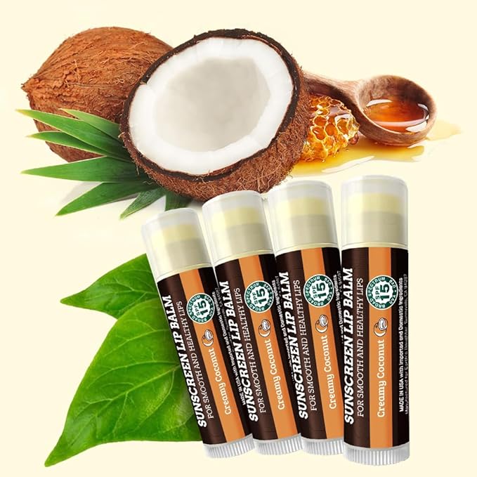 SPF Lip Balm 4-Pack by Earth's Daughter - Lip Sunscreen, SPF 15, Organic Ingredients, Coconut Flavor, Beeswax, Coconut Oil, Vitamin E - Hypoallergenic, Paraben Free, Gluten Free, New-VivaGrace Women