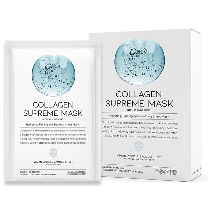 #OOTD Collagen Hydrating Sheet Masks for Face Korean Anti Aging Mask Sheet for Dry Skin & Sensitive Skin, EVE Vegan, Not Tested on Animals, No Parabens, No Sulfates, Hyaluronic Acid, Witch Hazel 10EA-VivaGrace Women