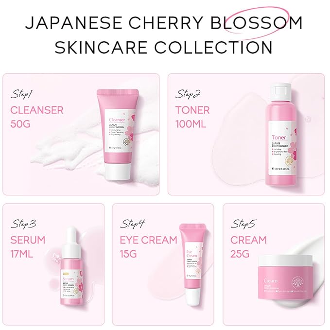 Korean Skin Care Set - Sakura Skin Care Sets & Kits - Women Gift Sets with Cleanser-Toner-Serum-Face Cream-Eye Cream - Skin Care Routine Kit for Women - Beauty Products Gift Box (SetB)-VivaGrace Women