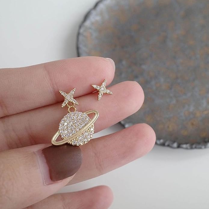 Crystal Saturn Planet Jacket Earrings Vintage Saturn Dangle Earrings Rhinestone Planet Drop Earrings Gold Cz Northstar Stud Earrings Celestial Front Back Earrings for Women Gifts-VivaGrace Women