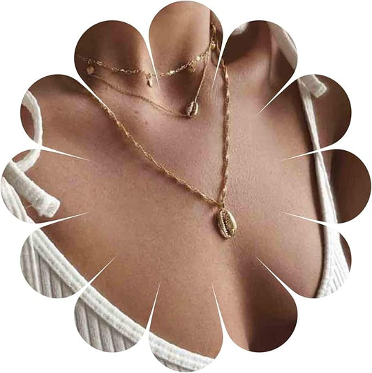Boho Coin Disc Necklace Choker Gold Layered Shell Pendant Necklace Vintage Seashell Necklace Retro Singapore Chain Necklace Jewelry for Women Gifts-VivaGrace Women
