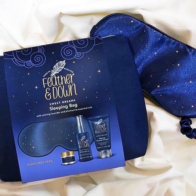 Feather & Down Sleeping Bag Gift Set: Luxury Eye Mask, Sleep Balm, Pillow Spray and Shower Cream, with Calming Lavender & Chamomile Essential Oils, Vegan & Cruelty Free-VivaGrace Women